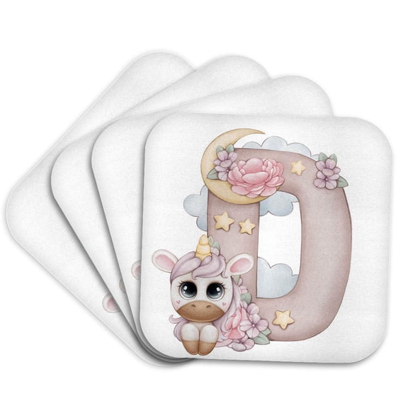 3drose, Cute Pink Unicorn Monogram Initial D, Set of 4 Coasters - Soft