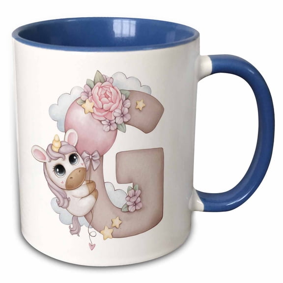 3drose, Cute Pink Unicorn Monogram Initial G, 11oz Two-tone Blue Mug