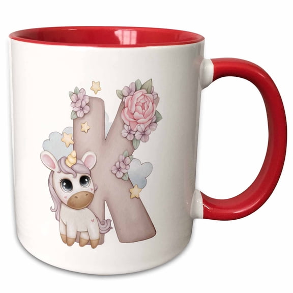 3drose, Cute Pink Unicorn Monogram Initial K, 11oz Two-tone Red Mug