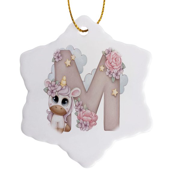 3drose, Cute Pink Unicorn Monogram Initial M, 3 inch Snowflake Porcelain Ornament