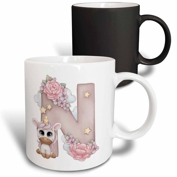 3drose, Cute Pink Unicorn Monogram Initial N, 11oz Magic Transforming Mug