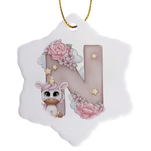 3drose, Cute Pink Unicorn Monogram Initial N, 3 inch Snowflake Porcelain Ornament