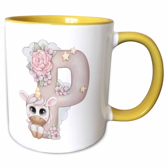 3drose, Cute Pink Unicorn Monogram Initial P, 11oz Two-tone Yellow Mug