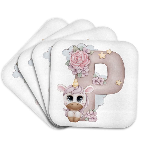 3drose, Cute Pink Unicorn Monogram Initial P, Set of 4 Coasters - Soft