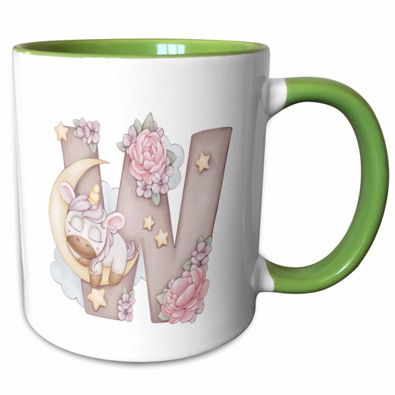 3drose, Cute Pink Unicorn Monogram Initial W, 11oz Two-tone Green Mug