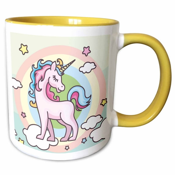 3drose, Cute Pink Unicorn on Rainbow Background, 15oz Two-tone Yellow Mug