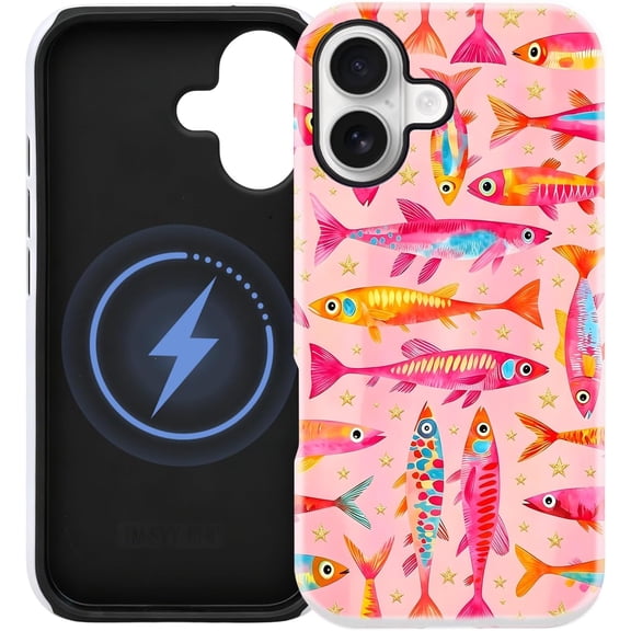 Cute Pink Y2K Fish Phone Case Compatible with iPhone 16 Case 6.1 Inch, Magnetic Compatible with Magsafe,Hybrid 2-Layer Aesthetic Girly Whimsical Star Custom Phone Case for Girls Women Cover