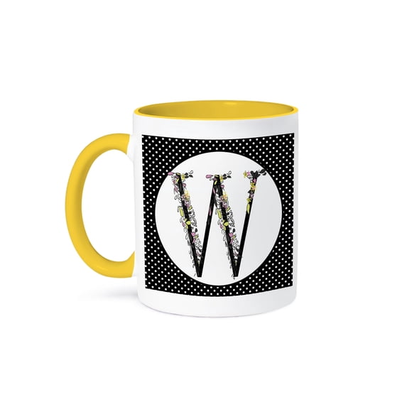 3drose, Cute Pink, Yellow, Black Flourish and Flowers Monogram W, 15oz Two-tone Yellow Mug
