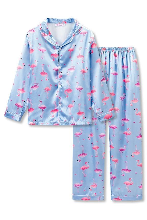 Cute Pink and Purple Flamingo Pajama Set for Girls – Satin Silky Long Sleeve & Pants Button Down PJ Set Size 12