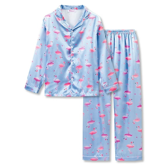 Cute Pink and Purple Flamingo Pajama Set for Girls – Satin Silky Long Sleeve & Pants Button Down PJ Set Size 6/7