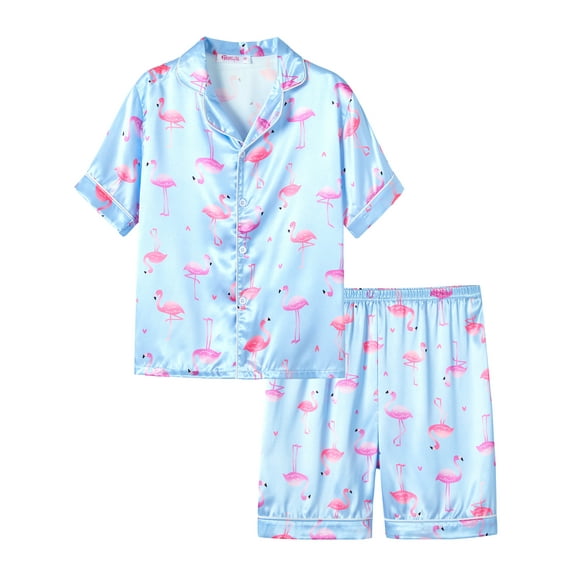 Cute Pink and Purple Flamingo Pajama Set for Girls – Satin Silky Short Sleeve Button Down PJ Set Size 14