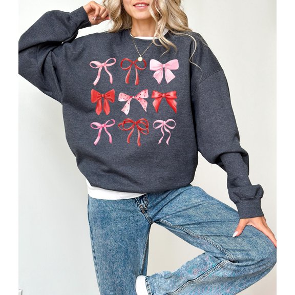 Cute Pink and Red Bows Valentine's Day Crewneck, Retro Valentines Sweatshirt, Valentines Day TShirt, Galentine's Day Sweatshirt, 1842013608 9831
