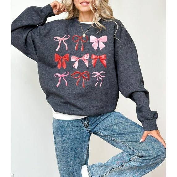 Cute Pink and Red Bows Valentine's Day Crewneck, Retro Valentines Sweatshirt, Valentines Day TShirt, Galentine's Day Sweatshirt, 1842013608 9831