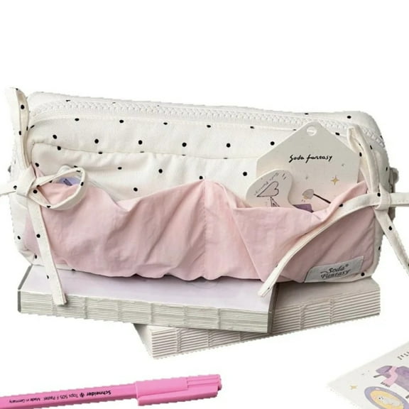 Cute Pink and White Polka Dot  Double Bow Large Capacity Pencil Case Stationery Storage Bag