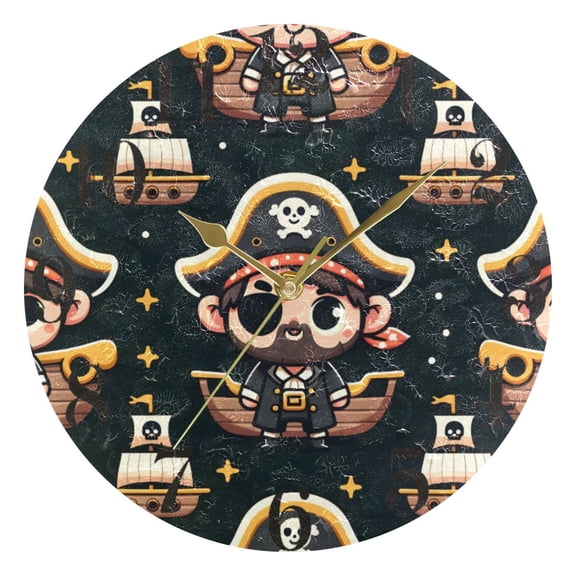 Cute Pirate and Ship Wall Clock 9.8 inch Battery Operated Clocks Non-Ticking Silent for Bedroom Office Kitchen Living Room(Gold)