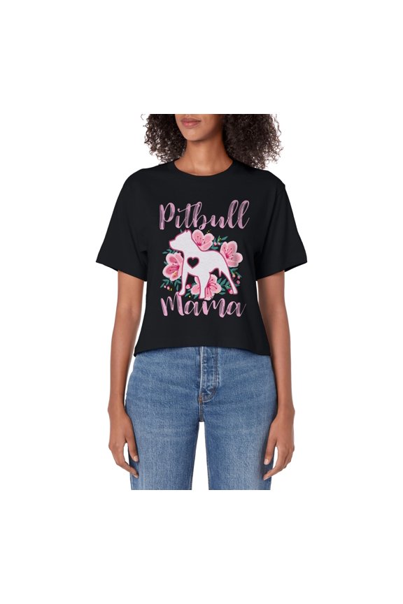 Cute Pitbull Mama Graphic T-Shirt with Pink Flowers for Proud Pittie Moms