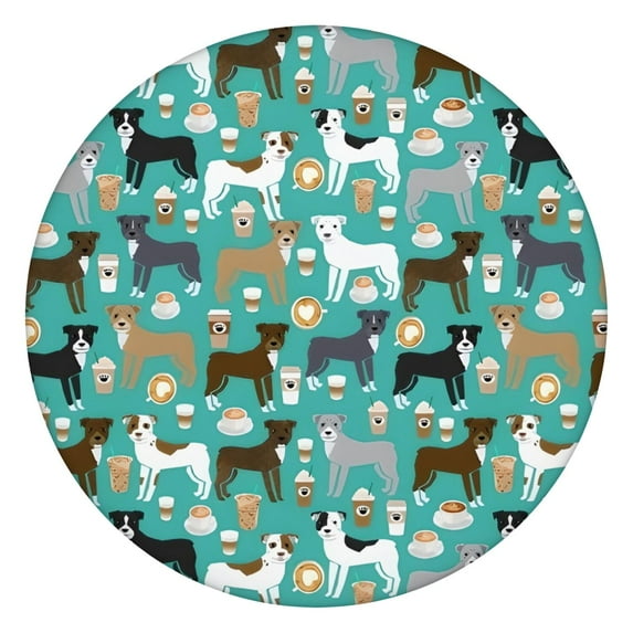 Cute Pitbull Terriers Dog and Coffee Round Fitted Tablecloth with Elastic Edge,Dining Table Cover Waterproof,Outdoor Round Tablecloth for Camping,Dining,Indoor and Outdoor