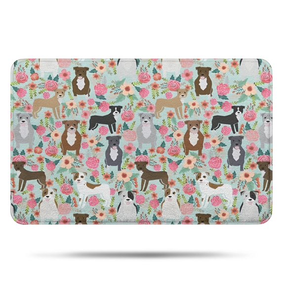 Cute Pitbull Terriers Dog and Flower Bathroom Rugs Mat,Non Slip Microfiber Bathroom Rug,Rubber Backing,Soft Bathroom Mats for Bathroom Floor,Tub and Shower,17x27in(43x68cm)