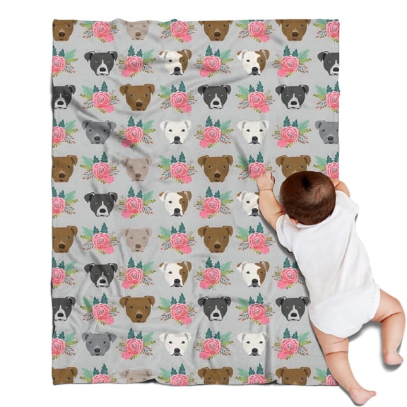 Cute Pitbull Terriers Dog and Flower Blanket,Comfortable Soft Flannel Throw Blanket,All Season,Warm Lightweight Blankets for Sofa Bed Couch Living Room Chair,30"x40"