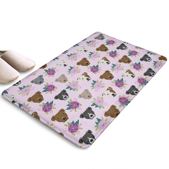 Cute Pitbull Terriers Dog and Flower Flannel Non Slip Door Rugs,Washable Door Mats Indoor,Decorative Door Mats,Dirt-Resistant and Absorbent Doormat for Entrance,Bedroom,Kitchen,Bathroom,31.5"x17"