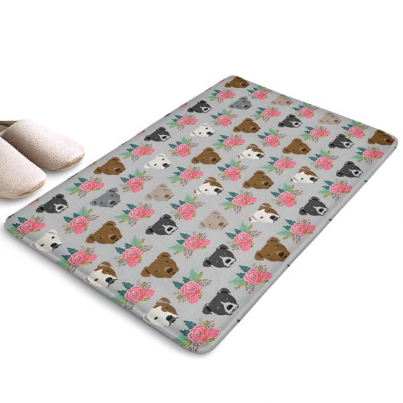 Cute Pitbull Terriers Dog and Flower Flannel Non Slip Door Rugs,Washable Door Mats Indoor,Decorative Door Mats,Dirt-Resistant and Absorbent Doormat for Entrance,Bedroom,Kitchen,Bathroom,23.5"x16"