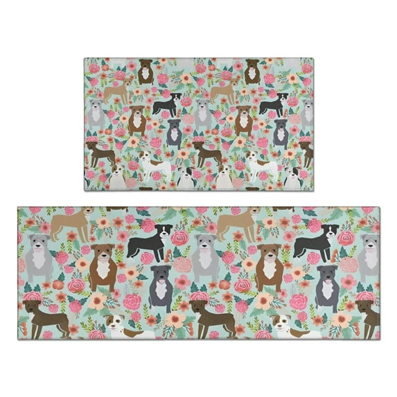 Cute Pitbull Terriers Dog and Flower Kitchen Rugs Sets Of 2,Anti Fatigue Kitchen Mat Rugs Non Slip Washable,Decorative Kitchen Floor Mats for Kitchen,Sink,Laundry,17"x30"+17"x47"