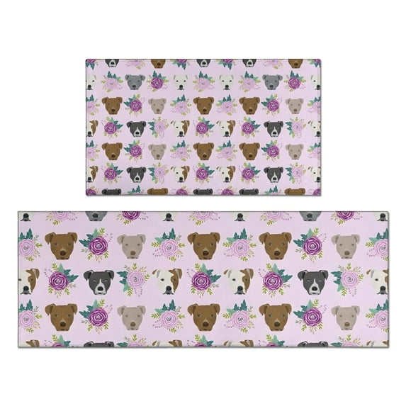 Cute Pitbull Terriers Dog and Flower Kitchen Rugs Sets Of 2,Anti Fatigue Kitchen Mat Rugs Non Slip Washable,Decorative Kitchen Floor Mats for Kitchen,Sink,Laundry,17"x30"+17"x47"