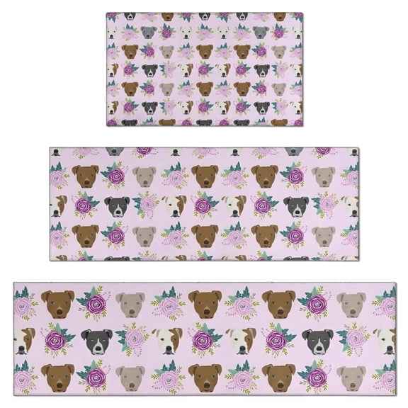 Cute Pitbull Terriers Dog and Flower Kitchen Rugs Sets Of 3,Kitchen Runner Rugs Non Skid Washable,Decorative Kitchen Floor Mats for Kitchen,Sink,Laundry,17"x30"+ 17"x47" + 17"x59"