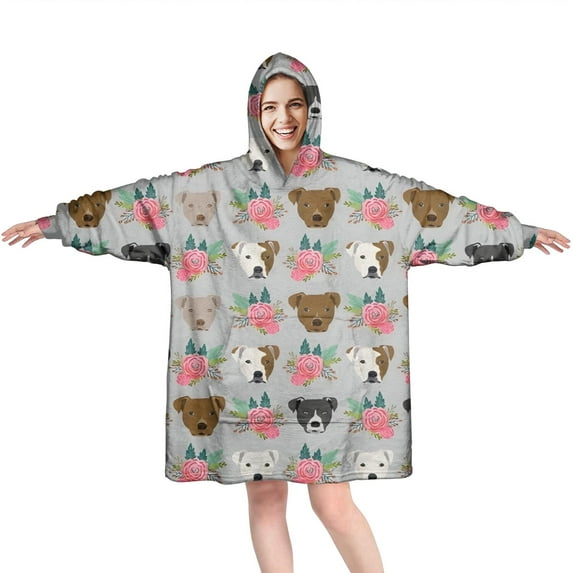 Cute Pitbull Terriers Dog and Flower Wearable Oversized Blanket,Wearable Blanket Hoodie for Adults,Cozy Hooded Blankets with Super Pockets,Super Warm Fuzzy Pullover for Women & Men