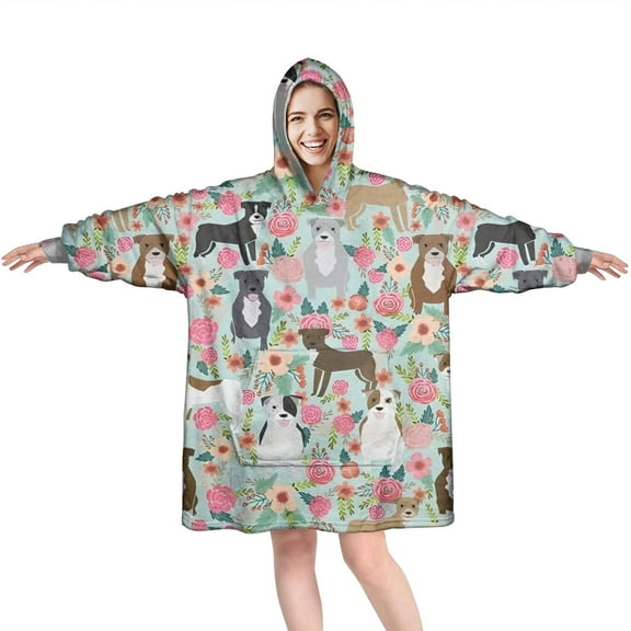 Cute Pitbull Terriers Dog and Flower Wearable Oversized Blanket,Wearable Blanket Hoodie for Adults,Cozy Hooded Blankets with Super Pockets,Super Warm Fuzzy Pullover for Women & Men