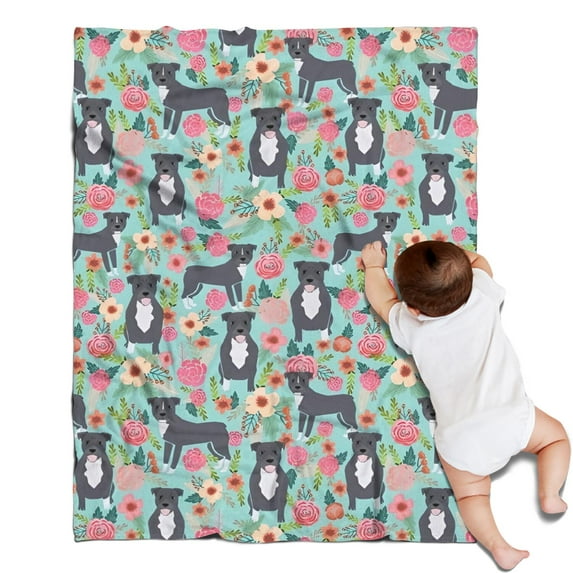 Cute Pitbull Terriers Dog and Flowers Blanket,Comfortable Soft Flannel Throw Blanket,All Season,Warm Lightweight Blankets for Sofa Bed Couch Living Room Chair,30"x40"