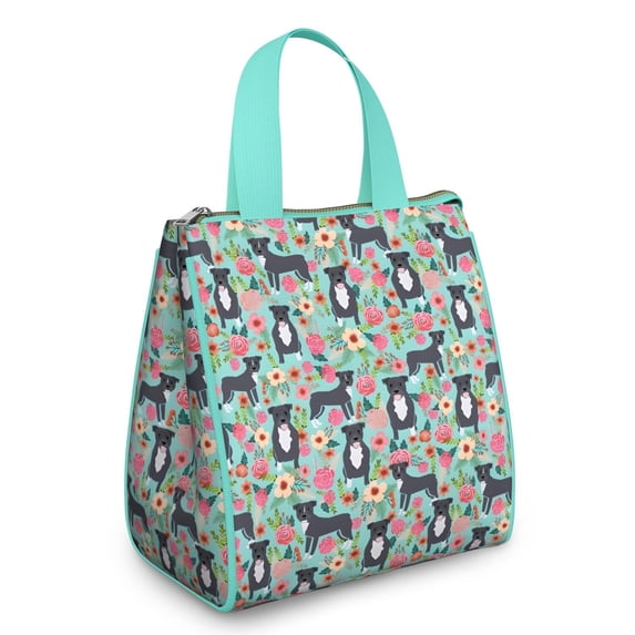 Cute Pitbull Terriers Dog and Flowers Insulated Lunch Bag for Women & Adults,Large Portable Soft Cooler Lunch Bag,Thermal Food Storage Tote with Pearl Cotton,8.66L,8.75x5.75x9.5 Inch