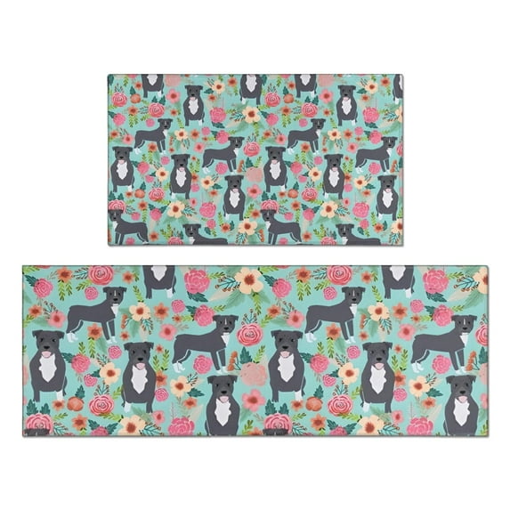 Cute Pitbull Terriers Dog and Flowers Kitchen Rugs Sets Of 2,Anti Fatigue Kitchen Mat Rugs Non Slip Washable,Decorative Kitchen Floor Mats for Kitchen,Sink,Laundry,17"x30"+17"x47"