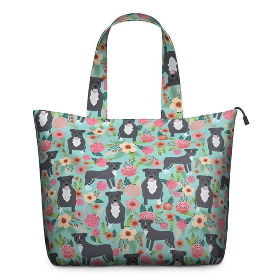 Cute Pitbull Terriers Dog and Flowers Travel Tote Bags for Women Carry On,Large Weekender Bags for Women Travel,Multi Functional Duffle Bag for Work,Shopping,Sports