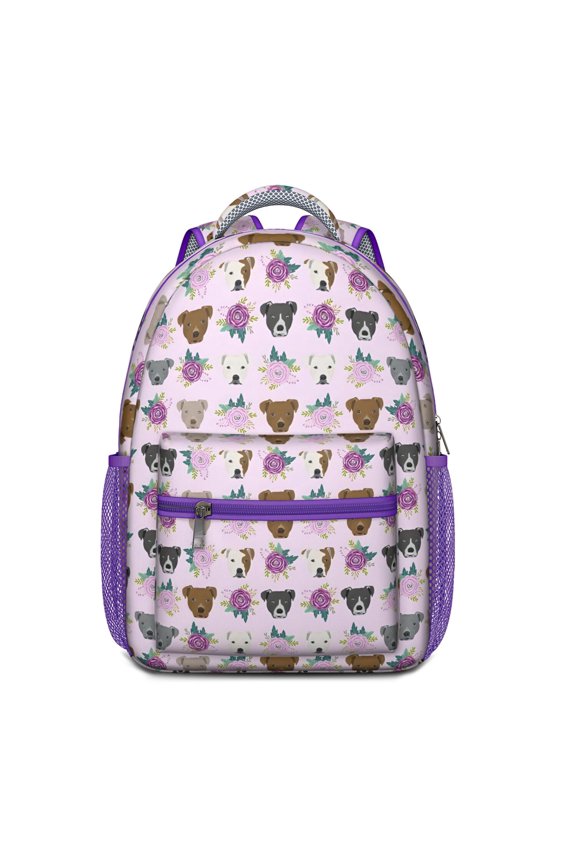 Cute Pitbull Terriers Dog and Flower Backpack for School,Cute School Bag,Schoolbag with Adjustable Shoulder Straps & Padded Back,15.3"x11"x6.7"