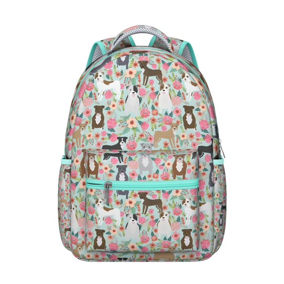 Cute Pitbull Terriers Dog and Flower Backpack for School,Cute School Bag,Schoolbag with Adjustable Shoulder Straps & Padded Back,15.3"x11"x7.1".