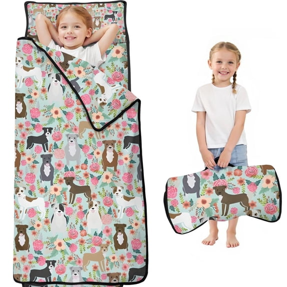 Cute Pitbull Terriers Dog and Flower Toddler Nap Mats for Kids Preschool,Sleeping Mat Bag or Kids,Toddler Sleeping Bag,Toddler Nap Mat or Daycare