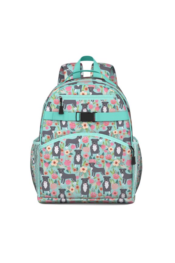 Cute Pitbull Terriers Dog and Flowers Backpack for School,Cute School Bag,Schoolbag with Adjustable Shoulder Straps & Padded Back,15.25"x11.5"x5.25"