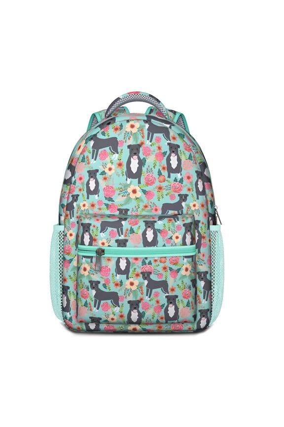 Cute Pitbull Terriers Dog and Flowers Backpack for School,Cute School Bag,Schoolbag with Adjustable Shoulder Straps & Padded Back,15.3"x11"x6.7"