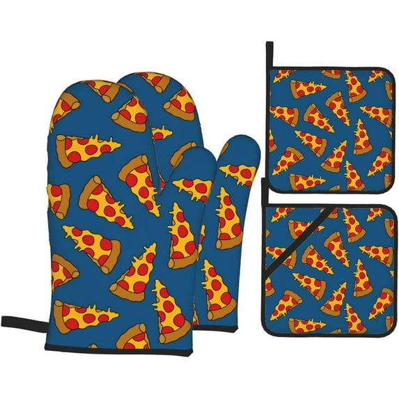 Cute Pizza Oven Mitts and Pot Holders Set of 4, Oven Mittens and Potholders Heat Resistant Gloves for Kitchen Cooking Baking Grilling BBQ