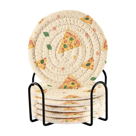 Cute Pizza Slices Dots Leaves Drinking Coasters Cup Mat with Holder for Kitchen Cafe Bar 6 Packs