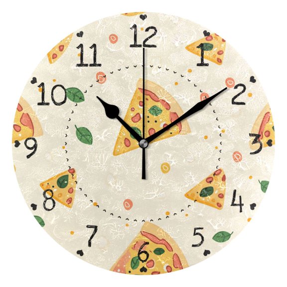 Cute Pizza Slices Dots Leaves Round Wall Clock Silent Analog Battery Operated Black Pointer Home Decor 9.84" Diameter