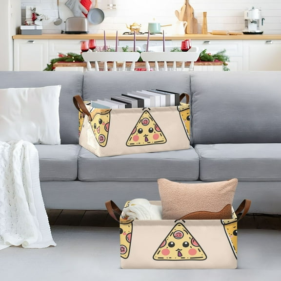 Cute Pizza Storage Bins with Handles Foldable Storage Baskets for Shelves Organizer Cloth Baskets
