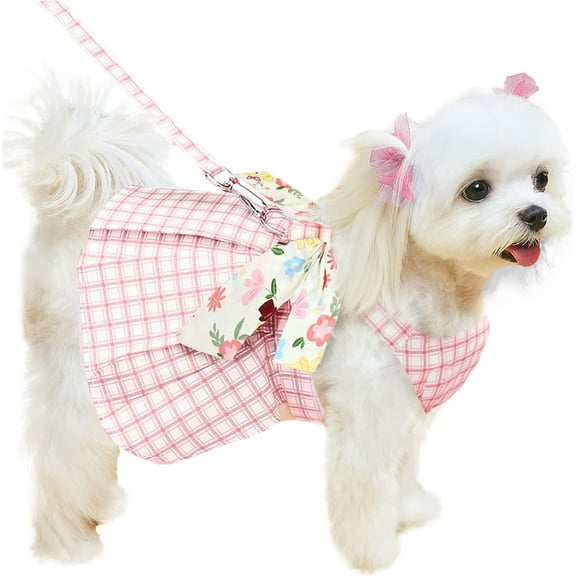 Cute Plaid Dog Dress Harness Leash Set for Small Medium Dog Cats Pink Summer Pet Clothes Bowknot Puppy Princess Dresses Holiday Party Costume Outfits Chihuahua Yorkie Clothing（Pink,S）