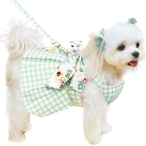 Cute Plaid Dog Dress Harness Leash Set for Small Medium Dog Cats Pink Summer Pet Clothes Bowknot Puppy Princess Dresses Holiday Party Costume Outfits Chihuahua Yorkie Clothing（Pink,S）