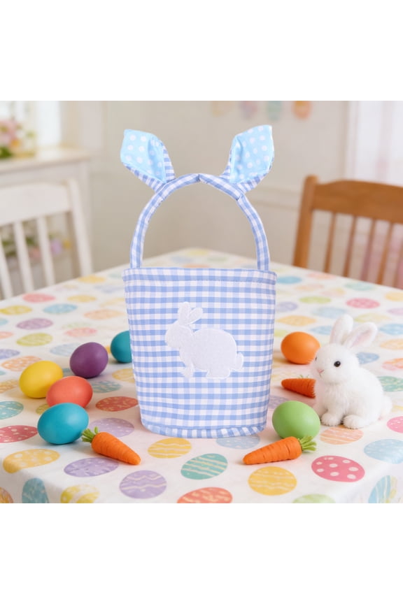 Cute Plaid Easter Basket with Rabbit Ears, Checkered Fabric Gift Handbag – Durable Candy Egg Storage Tote for Childs Party, Spring Holiday Home Decoration