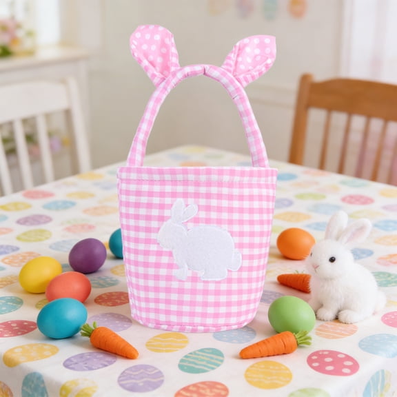 Cute Plaid Easter Basket with Rabbit Ears for Egg and Candy Storage - Lightweight Handbag for Festive Decoration and Gift Giving - Ideal for Family Celebrations and Holiday Parties