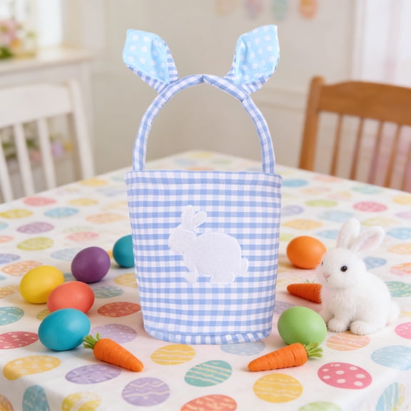 Cute Plaid Fabric Basket with Rabbit Ears, Versatile Storage Tote for Easter Decor, Gift Organization, and Home Use