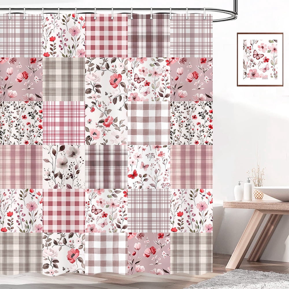 Cute Plaid Floral Shower Curtain, Boho Pink Red Flower Fabric Shower Curtains for Bathroom, Retro Red Floral Checkered Patchwork Bath Curtain Set Washable Waterproof with 12Hooks,70X75in