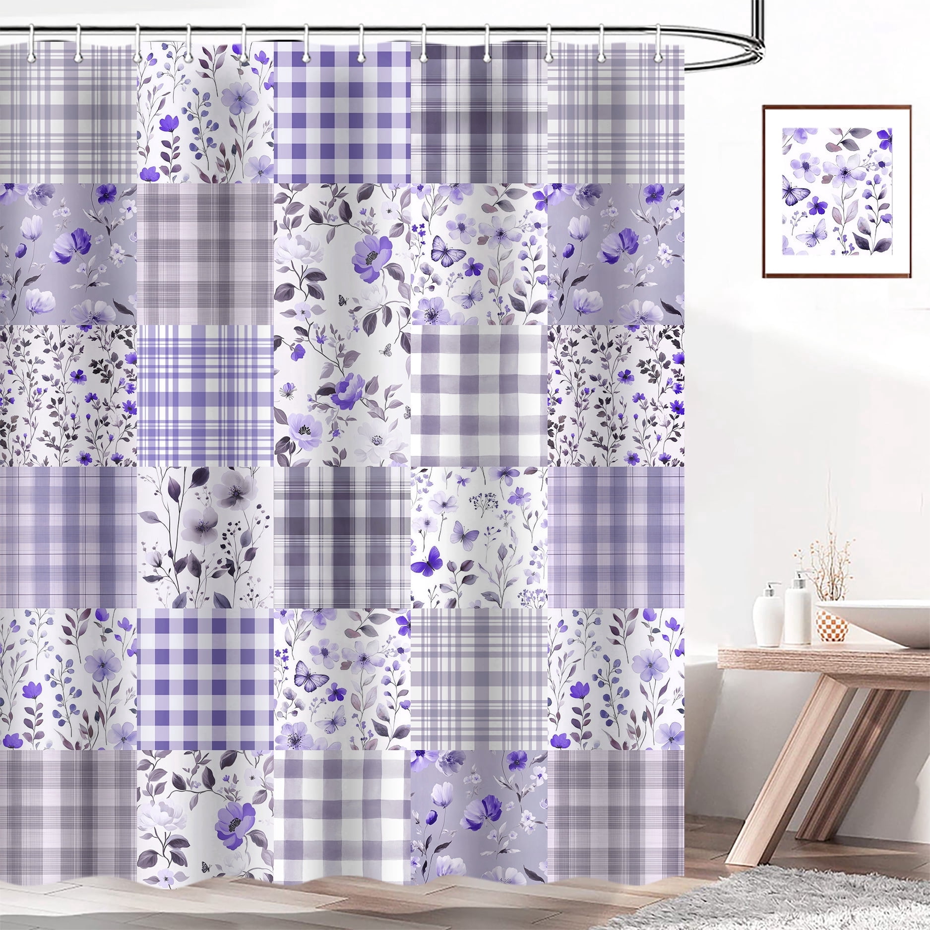 Cute Plaid Floral Shower Curtain, Boho Purple Flower Fabric Shower Curtains for Bathroom, Retro Purple Floral Checkered Patchwork Bath Curtain Set Washable Waterproof with 12Hooks,70X85in